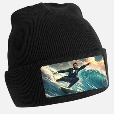 Abraham Lincoln Surfing Black Beanie Hat Unisex Cotton