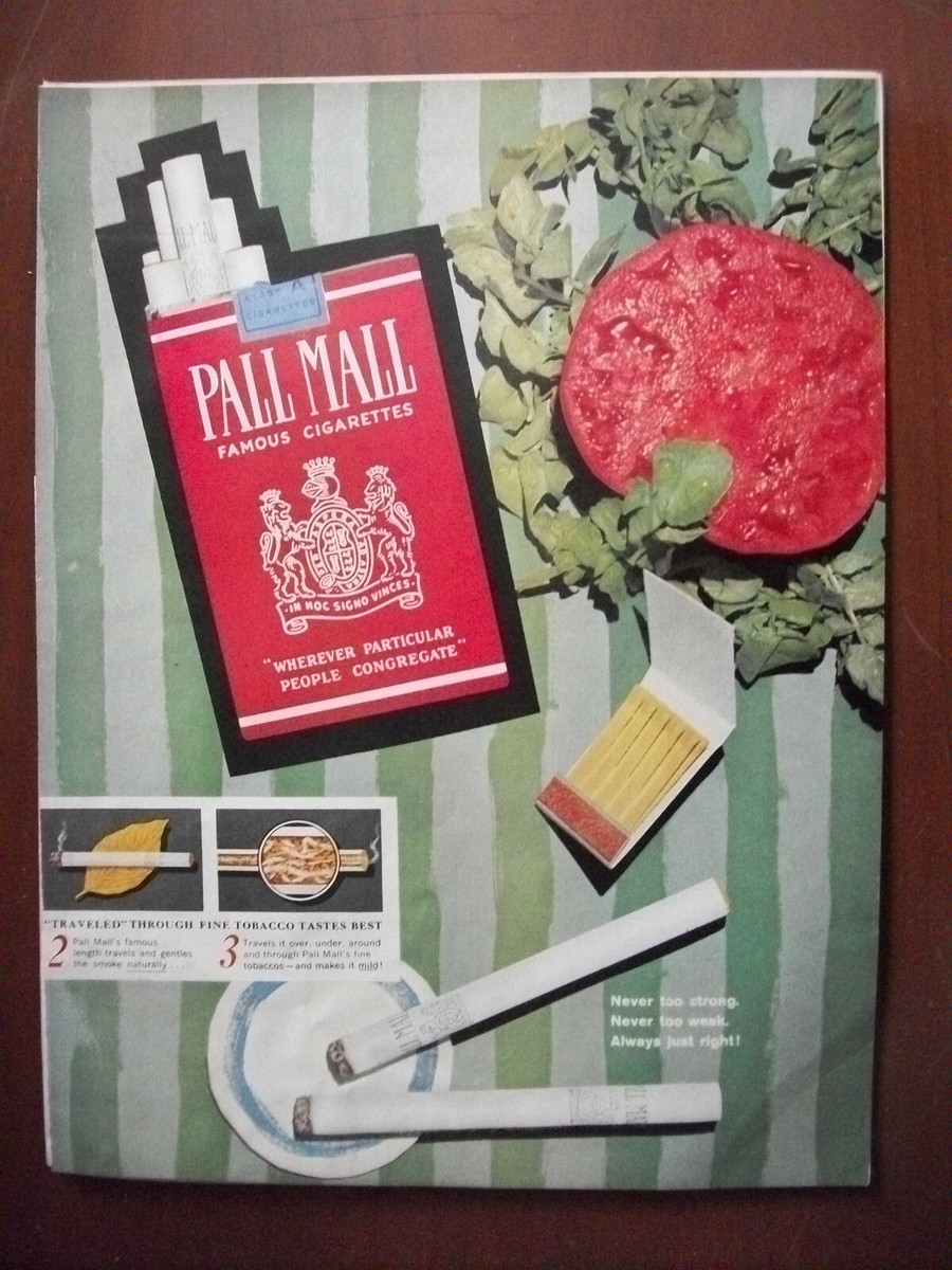 weakest cigarettes VTG 1960 Orig Magazine Ad PALL MALL Cigarettes Illustrated Tomato Matches