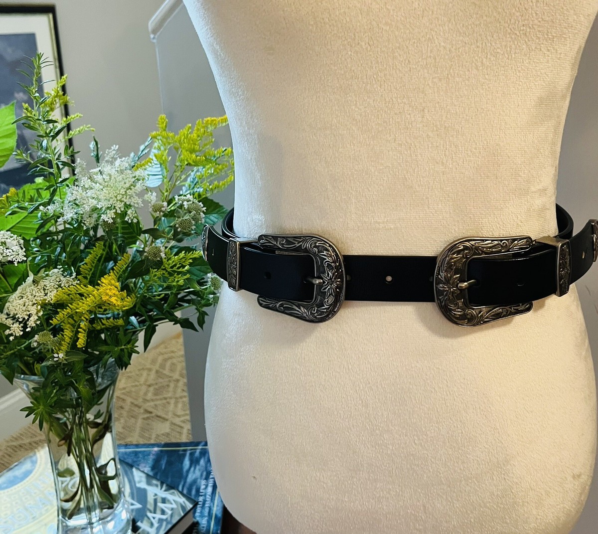 METAL Belt Floral Scrolled Double Buckle Silver Hand Crafted 