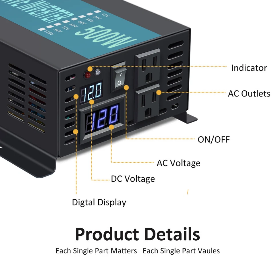 WZRELB Pure Sine Wave Inverter Off Grid 12V 24VDC to 110V 120V AC 500W 60HZ CAMP - Image 3 of 4