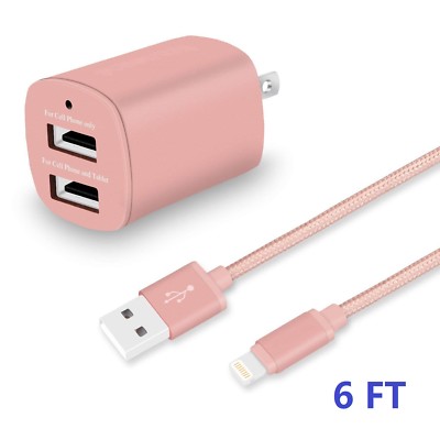 USB travel wall charger, dual port cube + 6 ft cable,Ross gold, free ship