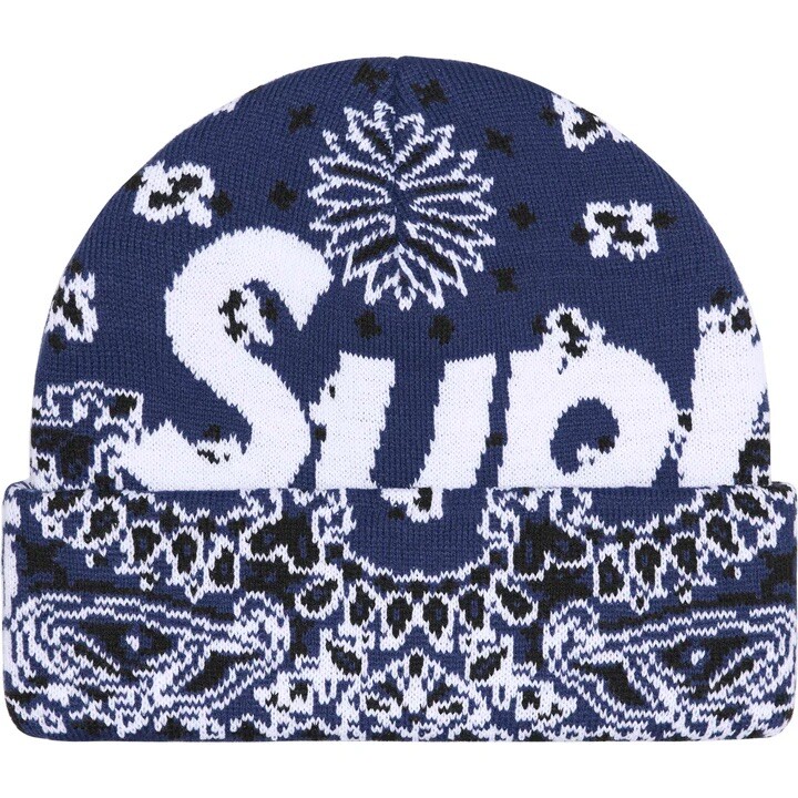 Supreme FW24 Big Logo Acrylic Beanie Paisley Blue Bandana One Size