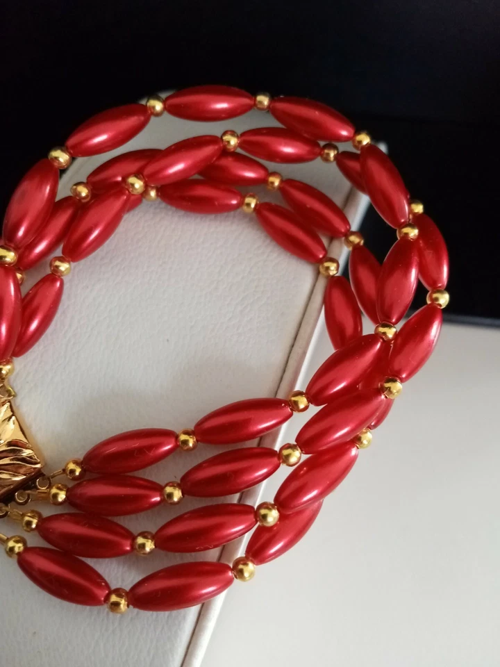 Schmuck Armband Oliven Perlen 4 reihig rot gold  mit Clip Verschluss 19 cm - Bild 2 von 3