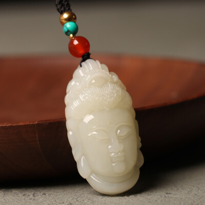 Hotan Jade Guanyin Buddha Head Bodhisattva Jade Pendant Necklace