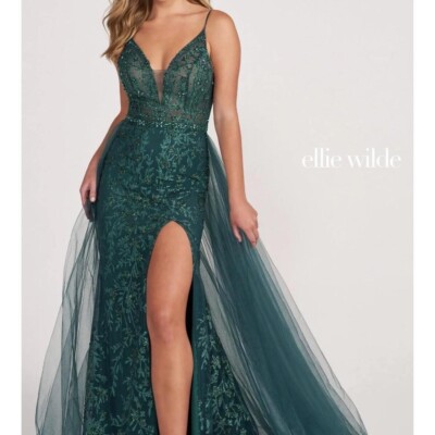 Ellie Wilde Prom Dress With Detachable Tulle Overskirt In Emerald Green -  Size 2 | eBay