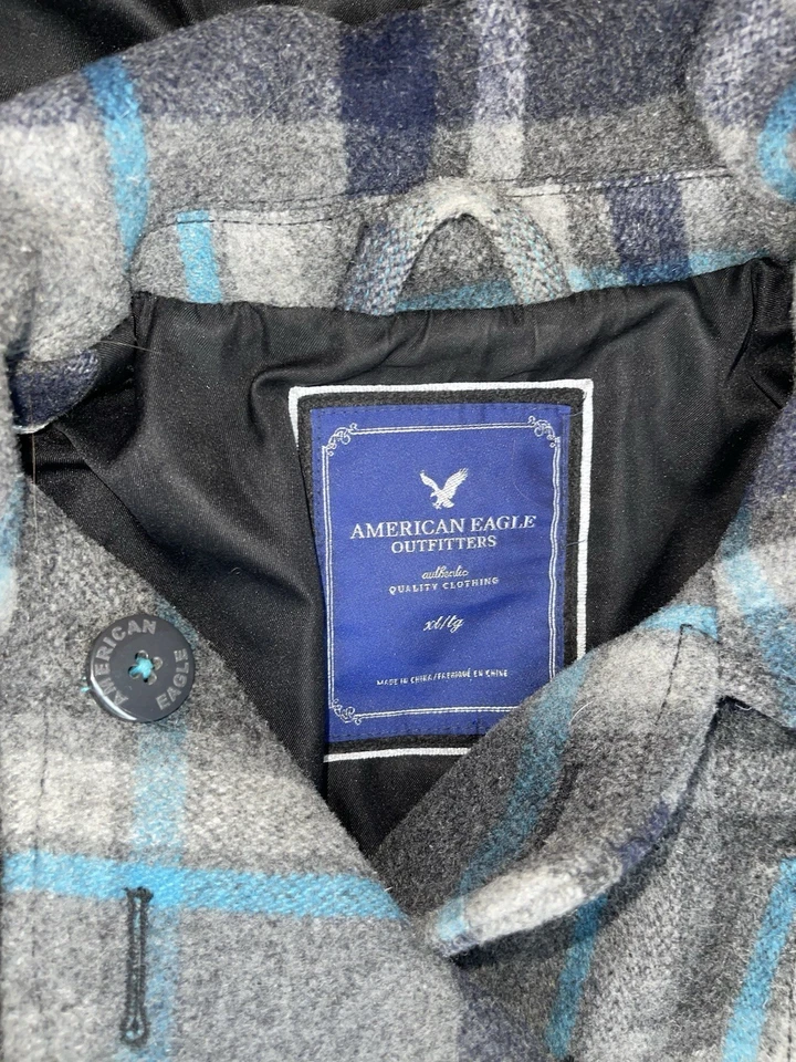 American Eagle Wool Blend Pea Coat XL Classic Gray & Blue Plaid Button Up Jacket - Image 2 of 4