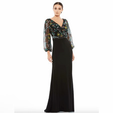 Mac Duggal 79379 Black Floral Embroidered Illusion Puff Sleeve Dress/Gown 8 NWT