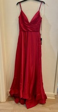 NEW 408 La Femme Red Long Deep V Satin Dress Side Slit Gown Prom Formal Size 8