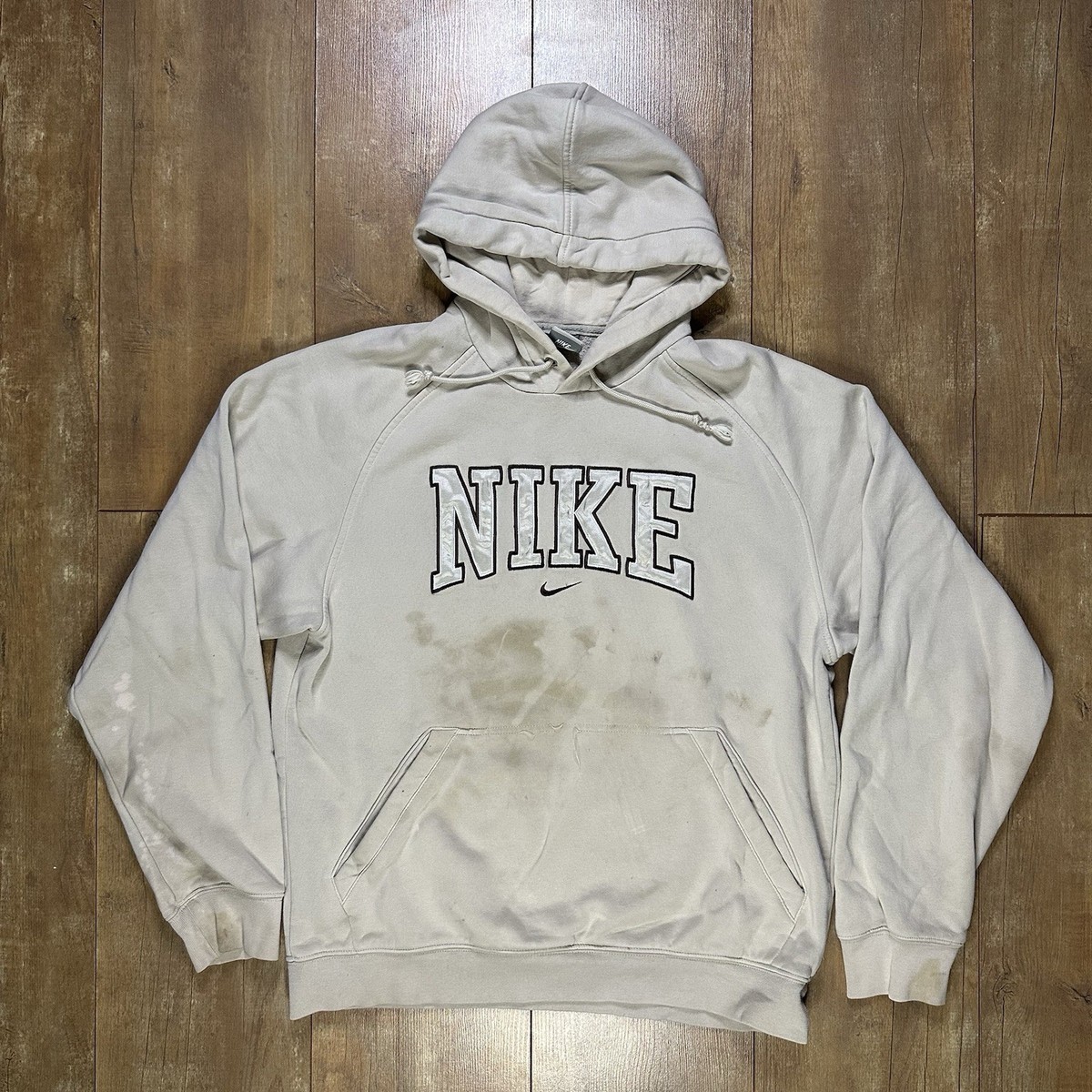 Vintage Nike Center Swoosh Spellout Hoodie Size M Y2K Earth Tone Cream Brown