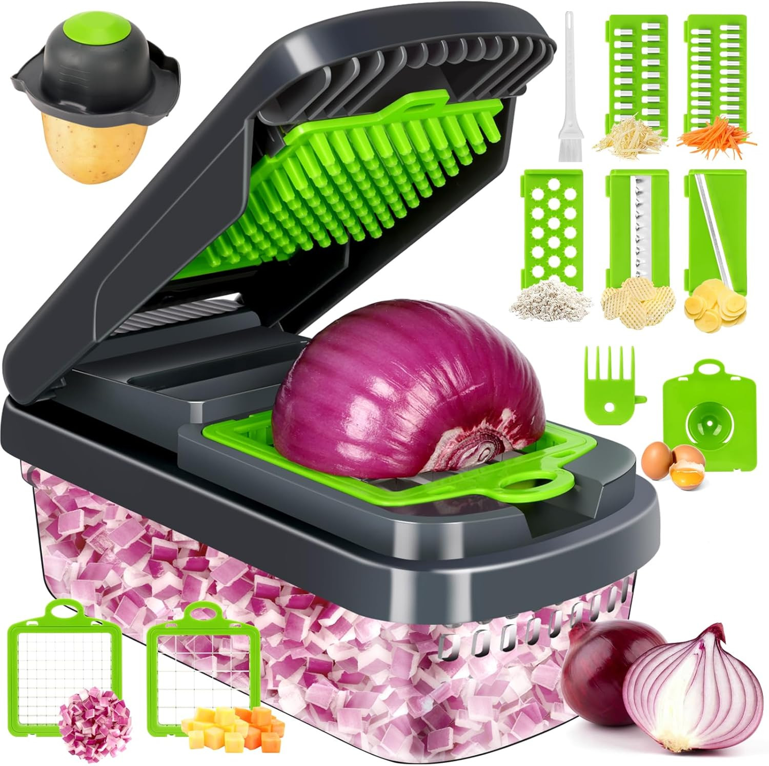 12-in-1 Professional Vegetable Chopper with 7 Blades and Container - Grey