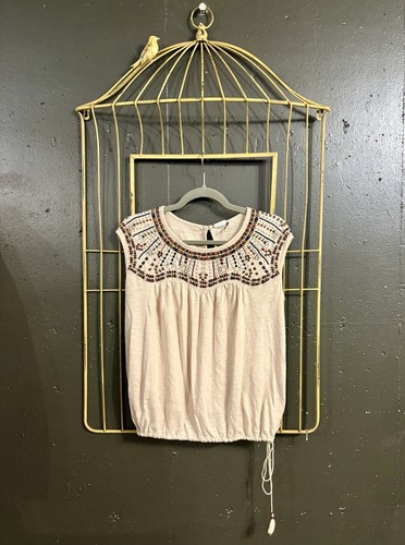 EUC Akemi+Kin Mirabelle Anthropologie Beige/Tan Top Embroidered Boho Fall S