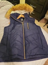 Wantdo Women’s Puffer Vest L Navy Faux Fur Hood Zip Front Quilted Sleeveless