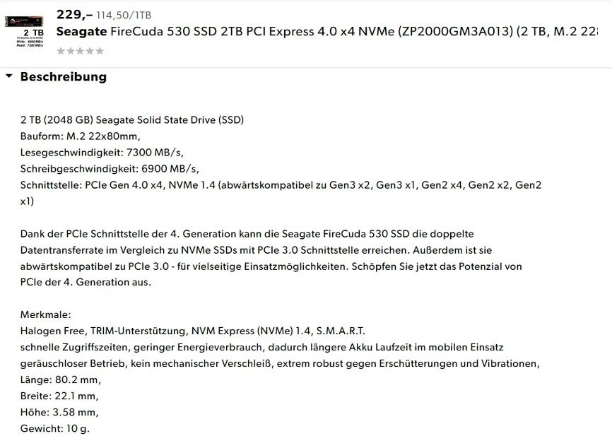 229€ ⭐ 2TB SSD SEAGATE FireCuda 🔥 530 M.2 2280 NVMe PCIe Gen4 x4 2000GB ♾️ NEU! - Bild 3 von 4