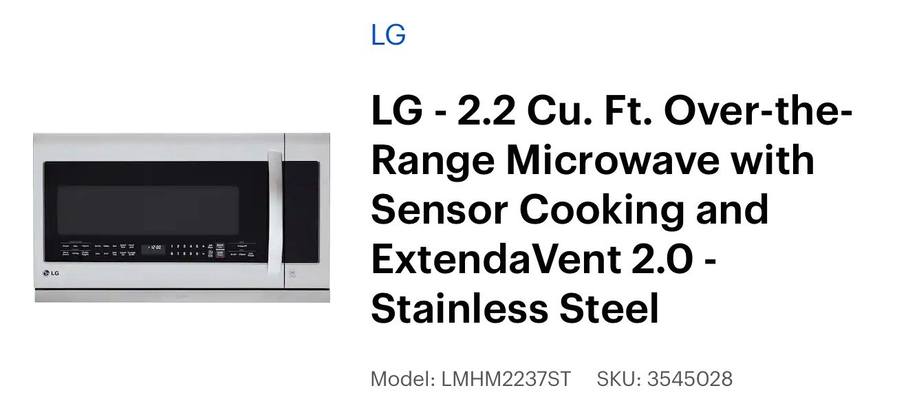 LG 2.2 cu ft Over-the-Range Microwave Sensor Cooking ExtendaVent 2.0 SS