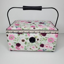 Sewing Box Padded Cloth Covered Rose Floral Themed Medium Size Inner Tray