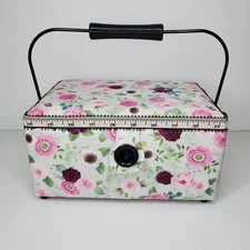 Sewing Box Padded Cloth Covered Rose Floral Themed Medium Size Inner Tray