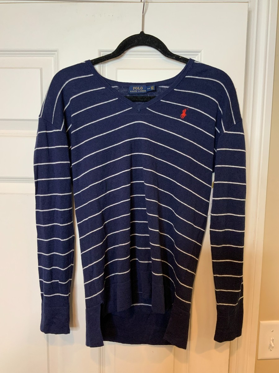 Polo Ralph Lauren Blue & White Striped V-Neck Linen Blend Sweater