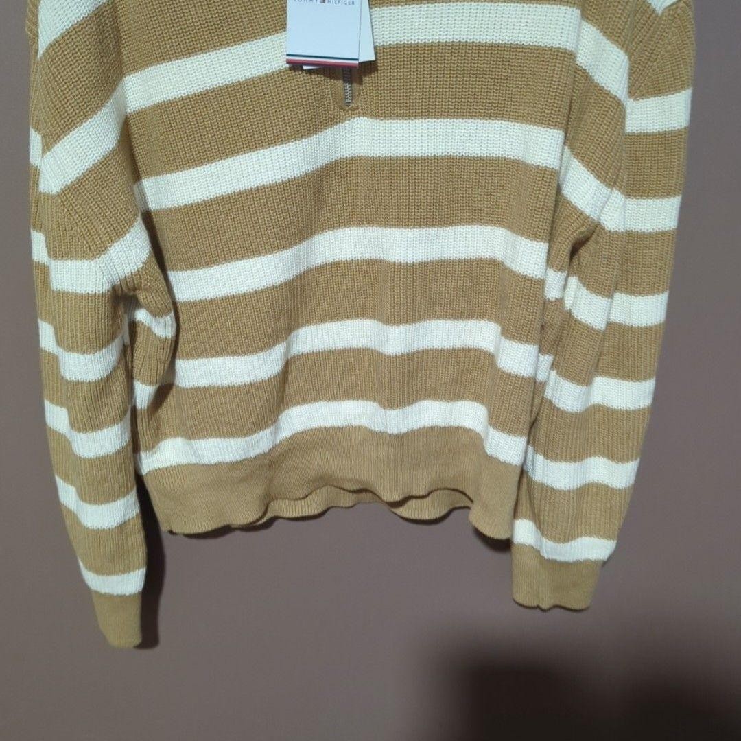 Tommy Hilfiger Sweater Womens 2XL Beige Stripe Collared 1/2 Zip Knit Pullover image 3