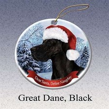 Holiday Pet Gifts Great Dane Uncropped Black Santa Hat Dog Porcelain Ornament
