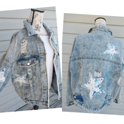 NWT REDESIGNED POL DISTRESSED FRAYED BLUE DENIM STAR JACKET /M