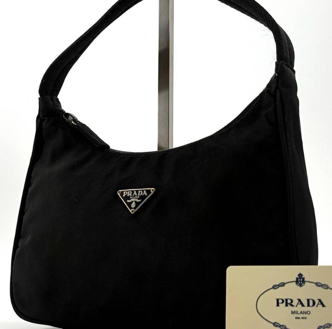 Prada black nylon shoulder bag with triangle logo accessory pouch from Japan RA