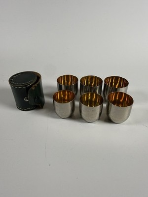 Vintage 7pc German Made Chrome Travel Shot Glasses In Leather Case