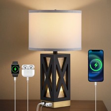 Wood Table Lamp with 3 Color Temperatures, Nightstand Table Lamp with AC Outl...