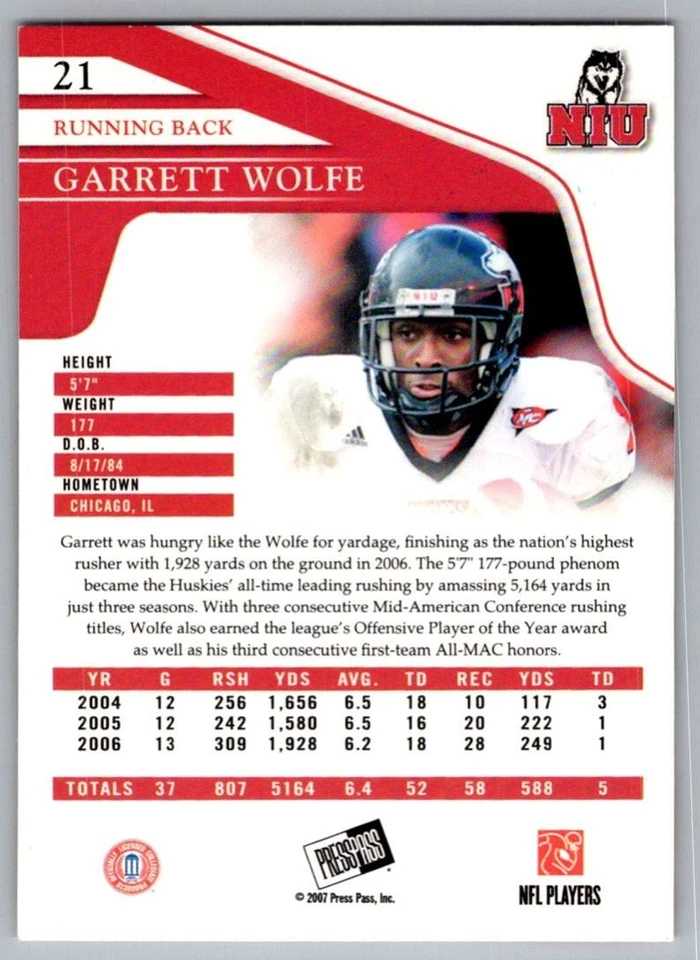 2007 Press Pass Garrett Wolfe Northern Illinois Huskies #21 - Image 2 of 2