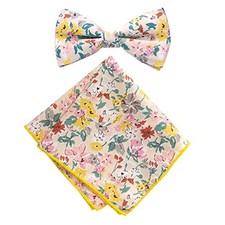 Men's Cotton Floral Print Bow Tie and Pocket Square Set One Size 33-ivory