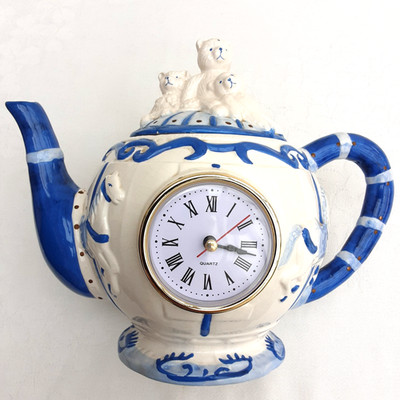 Vintage Deko Teddybär Teekanne Uhr Karussell Pferde blau & weiß exzellenter Zustand