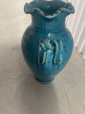 Large, Heavy Shabby Turquoise Thick Fire Glazed Terracotta Vase w/ Handles