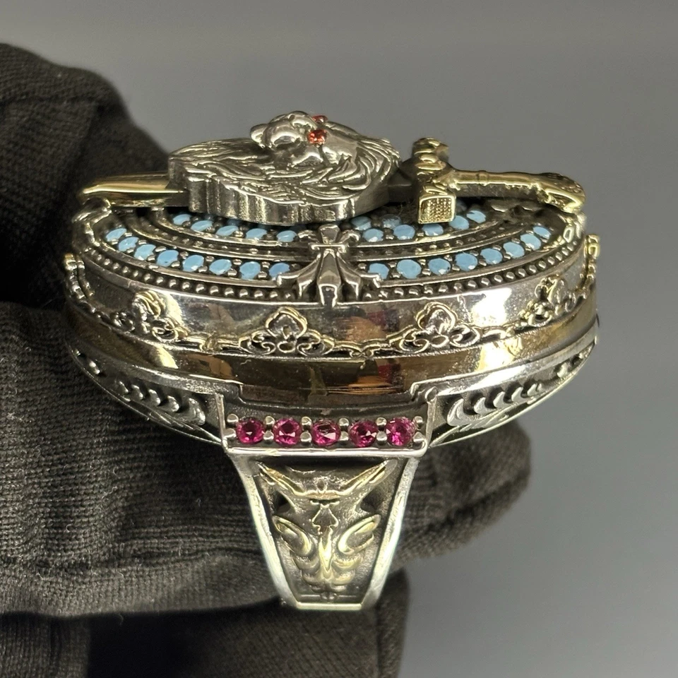 Sterling Silver Lion Head Ring: Ruby Eyes, Turquoise, Gothic Sword Jewelry - Image 4 of 4