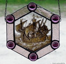 Bleiverglasung Fensterbild alte Glasmalerei "Kogge mit Liebespaar " in Tiffany 