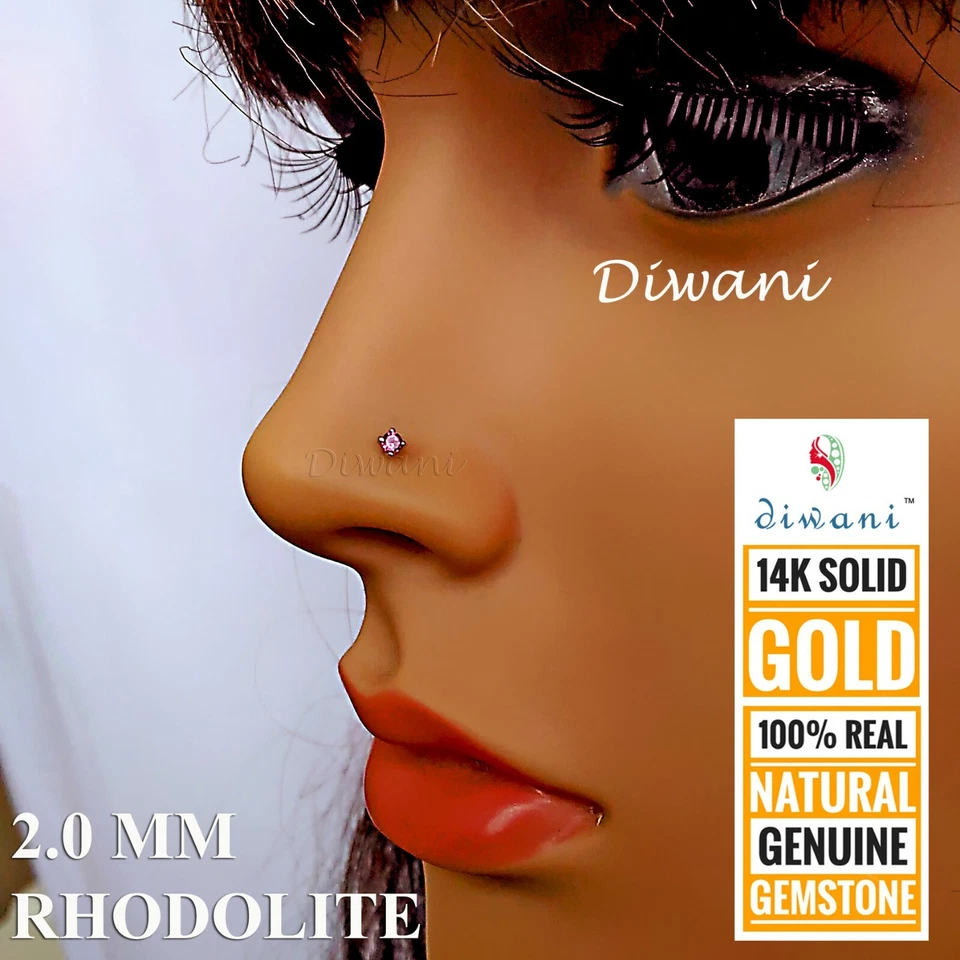 Diwani 2.0mm Rodolita Natural Oro 14k Boda Nariz Pin Cuerpo Piercing Anillo Perno Foto 2 de 4