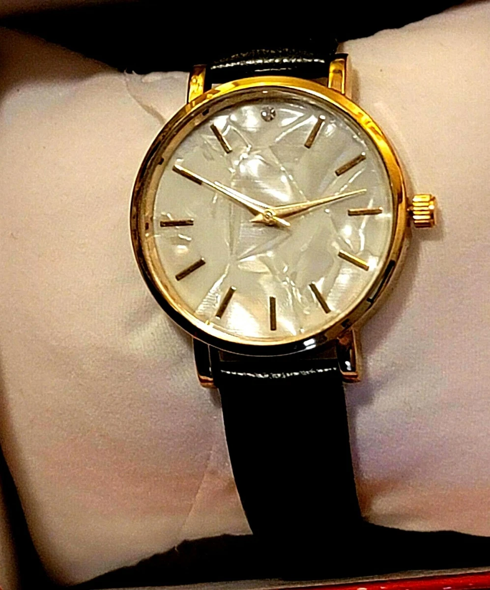 White Mother of Pearl Watch Face Black Leather Band MACY S NIB