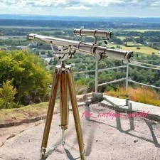 Chrome Vintage 39'' Brass Nautical Floor Standing Telescope with Wooden Tripod