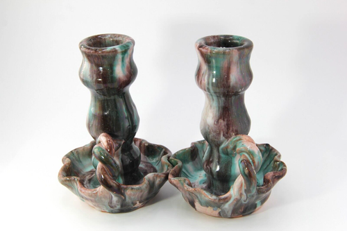2x Handmade Pottery Chamber Candle Candlestick Holders Drip Glaze | eBay