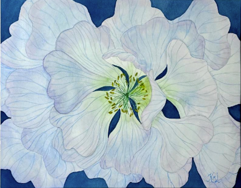 PAINTING WATERCOLOR ART FLOWER ANEMONE BLUE LAVENDER 11X14 AND DOUBLE MAT 16X20
