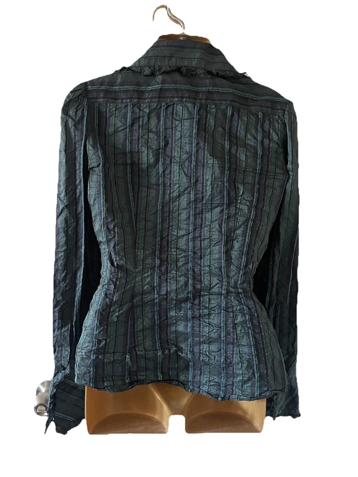 Bebe Slate Blue Metallic Striped Button Ruffle Blouse Shirt Flare USA Made Sz M - Image 4 of 4