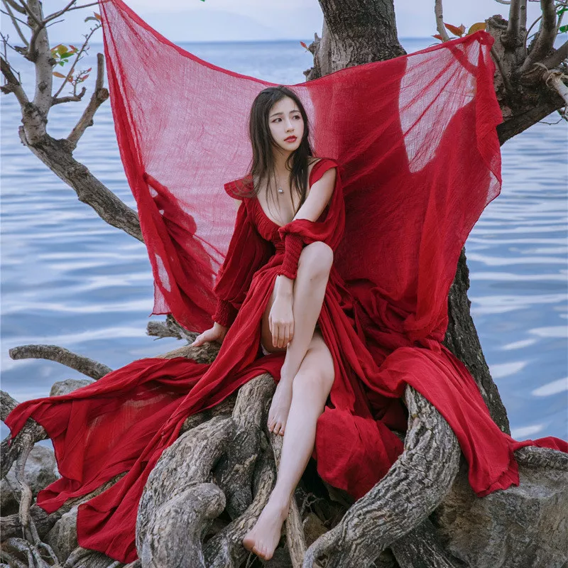 High neck store red gown
