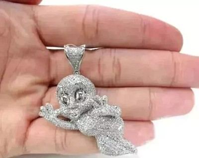 3Ct Round Real Moissanite Men's Custom Cartoon Pendant 14K White Gold Plated
