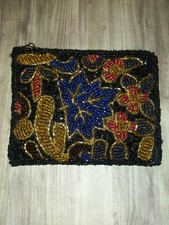 Beaded Black with Flowers and Leaves Wallet Change Purse