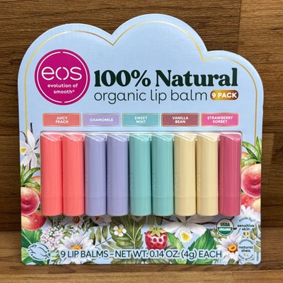 EOS Organic Lip Balm Juicy Peach Chamomile Mint Vanilla Strawberry, 9 Pack