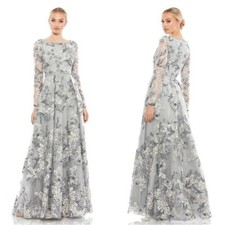 Mac Duggal Floral Embellished Illusion Sleeve A-Line Gown Platinum 11185