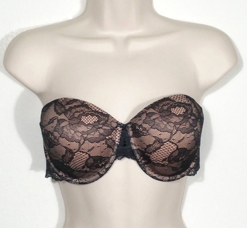 Victoria's Secret Size 34D Black Biofit Multi-Way Bra Strapless Floral Lace