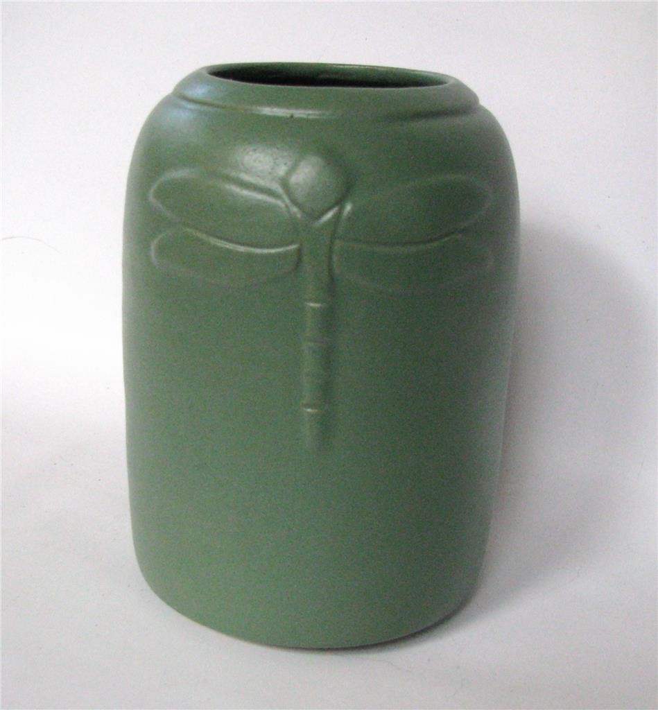 Studio Art Pottery Arts and Crafts style Matte Green Vase Dragonfly 5" signed