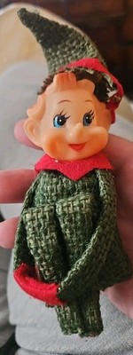 Vintage Christmas Knee Hugger Elf Ornament Burlap Green Red Pixie Plastic Face