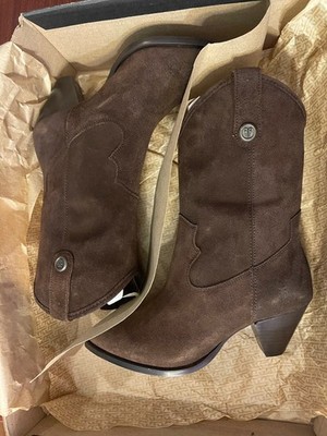 Frye June Suede Western Bootie Chocolate Brown Side Zip Heeled Size 7M
