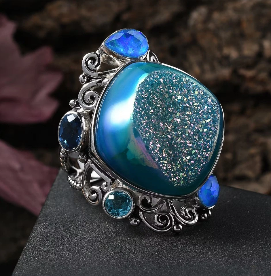 Anillo Sajen Golden Dream Paraiba Ventana Drusy Cuarzo y Multi Piedras Preciosas Talla 6 Plata Foto 2 de 4