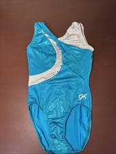 GK ELITE Leotard GYMNASTICS Leo White AQUA Rhinestone Bodysuit USA Tank SZ: AXS